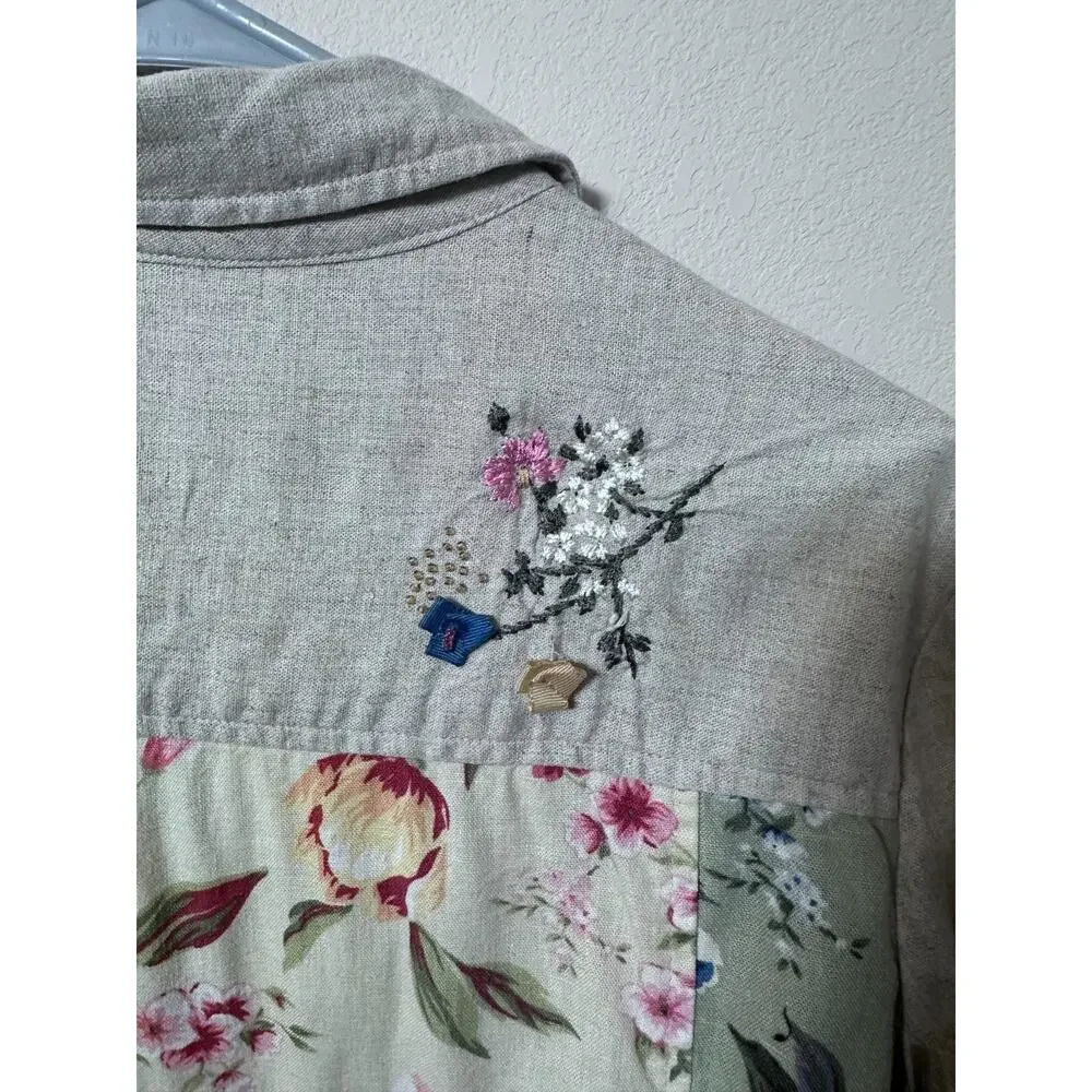 Vintage White Stag Blouse Shirt Women's M Linen Floral Cottage Country Core - Picture 6 of 6
